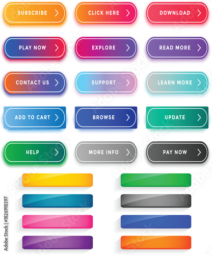 A vibrant collection of modern web buttons and call-to-action elements for user interface design.