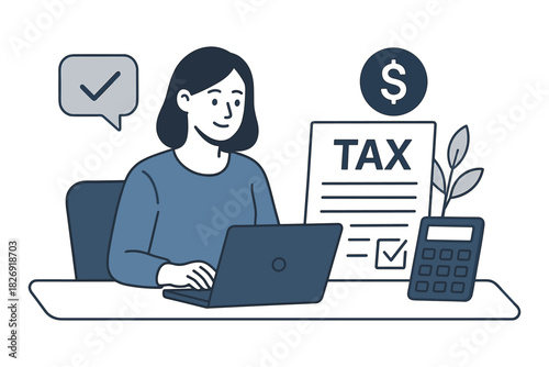 Woman calculating taxes at desk with laptop, calculator, and document