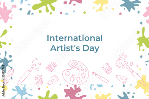 International Artist Day vector illustration featuring art supplies like brushes, palettes, and colorful paint splashes