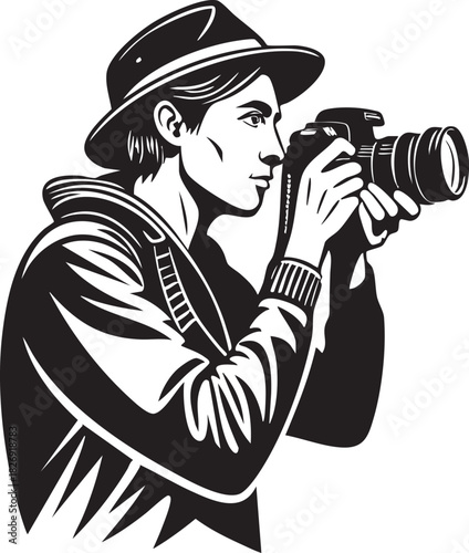 Professional photographer wearing a stylish fedora hat capturing moments with a digital camera, elegant black and white illustration