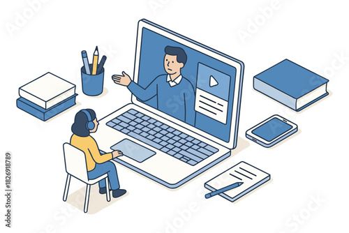 Isometric online learning concept with laptop and student in minimalist style