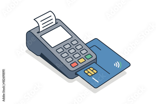 Modern payment terminal with card and receipt in isometric design