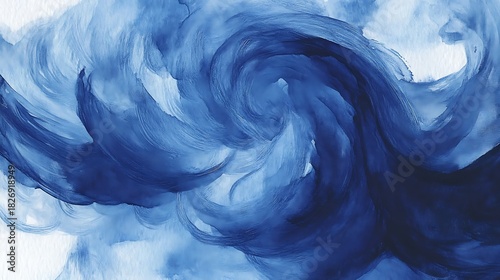 Bold blue paint strokes create a powerful wave like swirl with dynamic texture and fluid motion