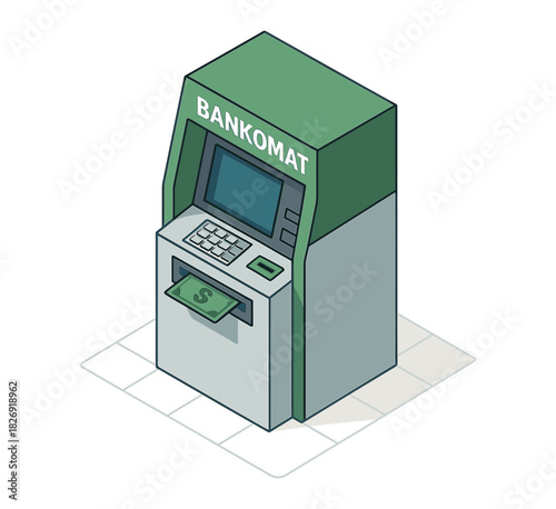 Isometric atm machine with bankomat sign dispensing cash on white background