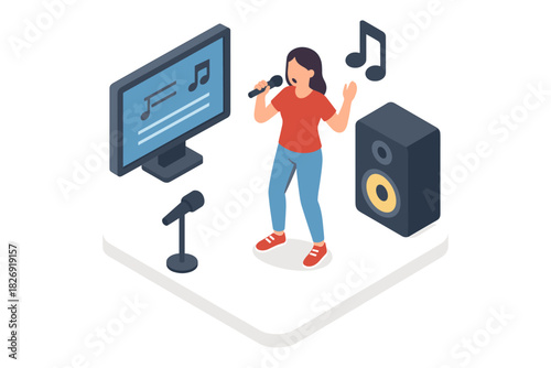 Isometric home karaoke scene with singer, microphone, and speaker