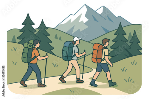 Hiking adventure in nature with backpackers walking in scenic mountain landscape
