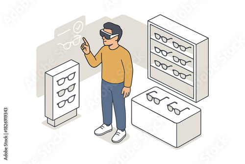 Isometric man shopping for glasses with augmented reality in store