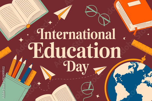 International education day concept with school supplies, books, globe, and pencils, celebrating global learning and academic achievement