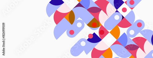 Abstract geometric shapes overlap, creating colorful composition. Soft pastel hues dominate design, offering modern aesthetic.