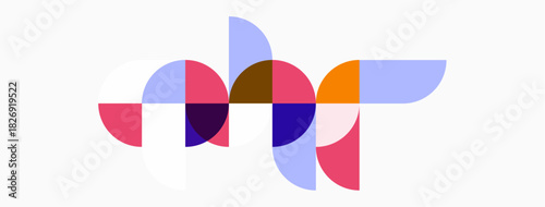 Abstract geometric shapes overlap, creating colorful composition. Circles, arcs, segments form dynamic visual pattern. Modern design.