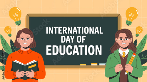 International day of education with students, a blackboard, books, and lightbulbs, symbolizing learning, knowledge, and academic growth