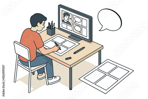 Isometric comic strip creation: artist drawing on graphics tablet