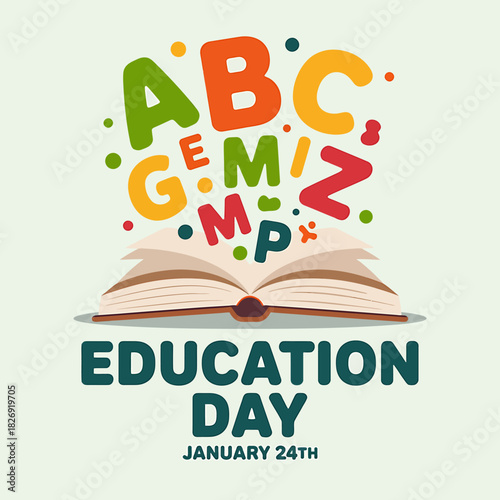Vibrant illustration celebrating education day on january 24th, featuring an open book with colorful alphabet letters and educational elements