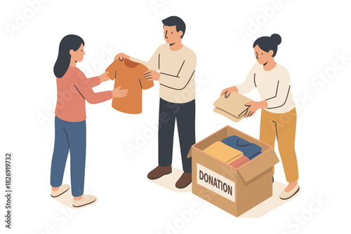 Community clothing donation concept with people collecting and sorting clothes