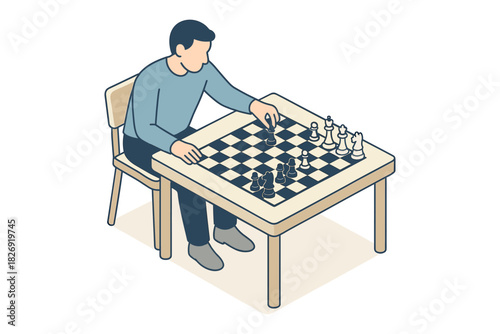 Man playing chess: isometric design of strategic board game scene