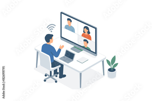 Remote work conference call with colleagues in isometric office setting