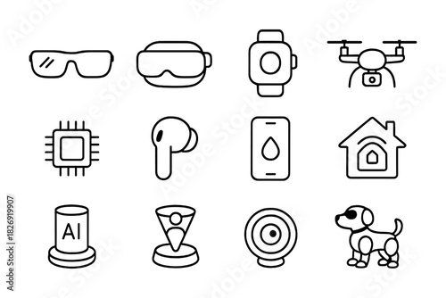 Futuristic technology icons: smart gadgets and ai devices collection