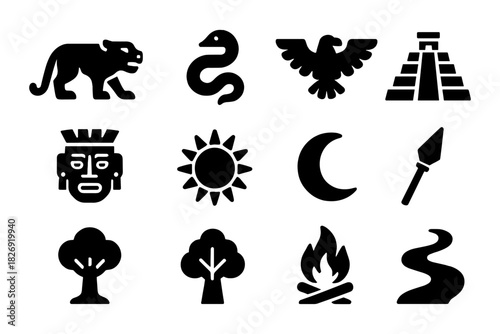 Aztec symbols and nature icons in black silhouette style
