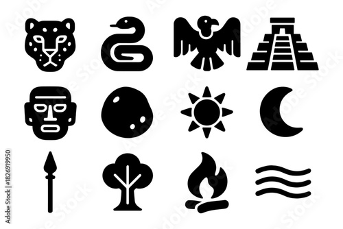 Ancient symbol silhouettes: mayan culture icons and nature elements