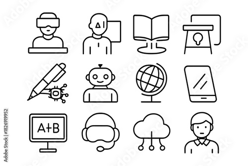Education and technology icons: virtual reality, online learning, cloud computing, ai concepts
