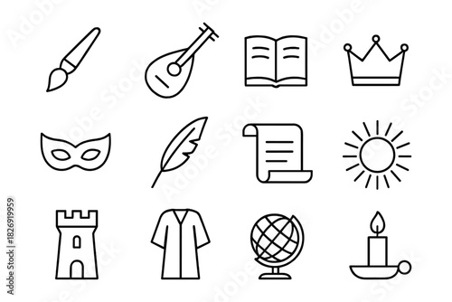 Medieval icons set: art, literature, and culture outlined symbols collection