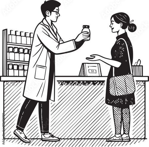 Pharmacist handing a prescription bottle to a female customer at a pharmacy counter, offering medical advice and dispensing medication service