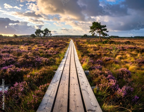 Wooden pathway through a vibrant field of purple flowers, with trees on the horizon under a cloudy sky