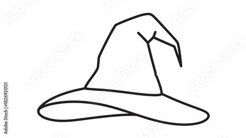 a simple black and white line drawing depicts a classic witch s hat featuring a pointed crown and a wide slightly curved brim isolated Halloween