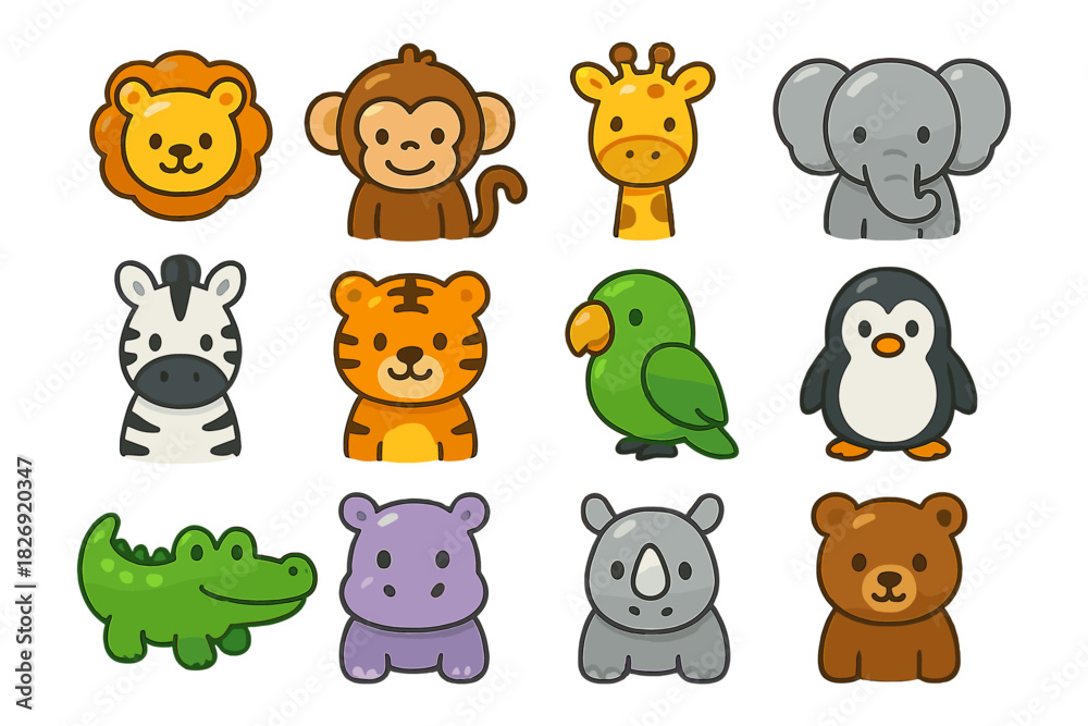 Naklejka premium Cute cartoon animal icons set featuring zoo and jungle creatures