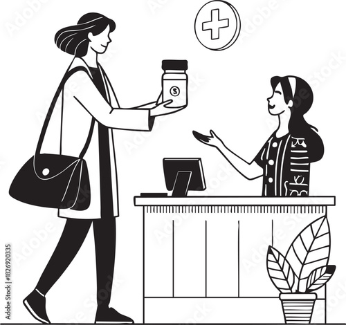 Customer purchasing medicine from friendly pharmacist at pharmacy counter in minimalist line art illustration, healthcare shopping experience