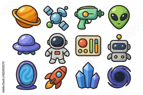 Colorful cartoon space icons set with aliens, robots, and rockets