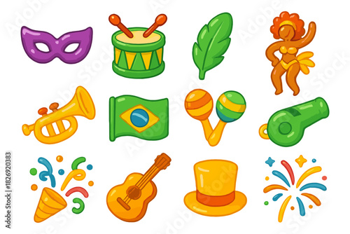 Colorful carnival elements featuring mask, drums, and samba dancer in festive style