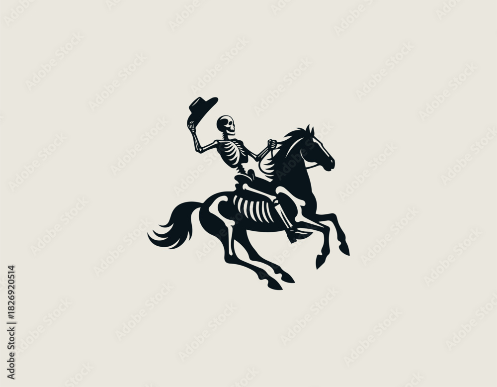 Obraz premium lack silhouette illustration of a skeleton rider on a galloping horse, holding up a cowboy hat.