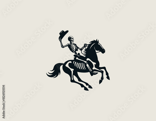lack silhouette illustration of a skeleton rider on a galloping horse, holding up a cowboy hat.