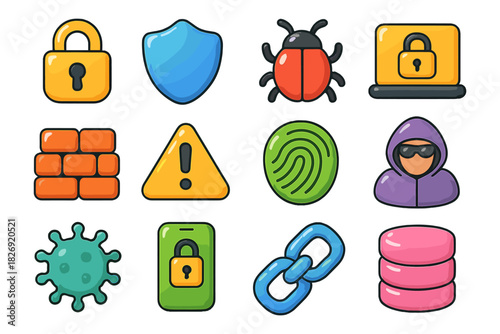 Cybersecurity icons set featuring malware, encryption, and firewall elements in flat style