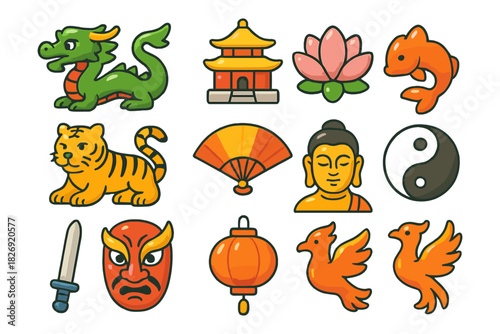 Traditional asian symbols collection: dragon, lotus, temple, tiger, yin yang, phoenix