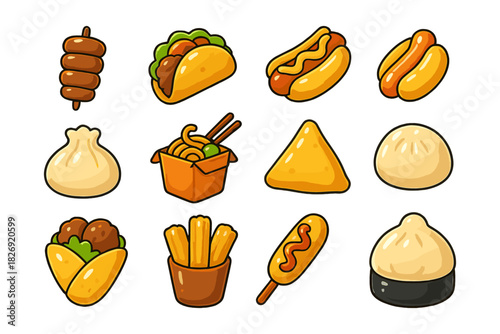 Colorful cartoon street food icons: tacos, dumplings, hot dogs, and more snack favorites