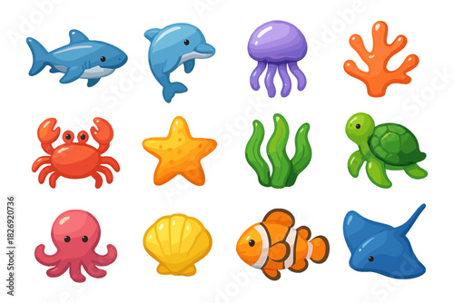 Bright cartoon sea creatures collection featuring marine animals and plants
