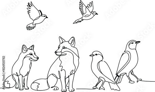 A charming black and white line drawing illustration featuring a group of diverse woodland animals including foxes and birds in various poses perfect for children s books and nature themes