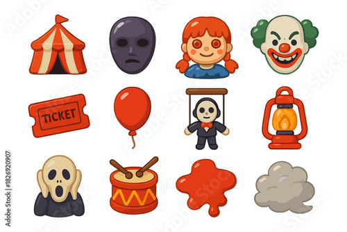 Colorful cartoon halloween icons featuring circus tent and spooky characters