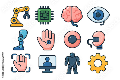Futuristic technology icons set with robotic arm, ai brain, and cybernetic enhancements