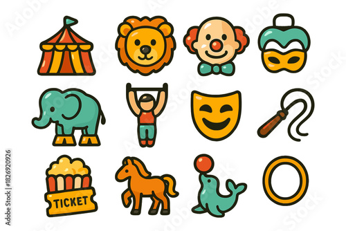 Colorful circus icons featuring tent, clown, and animals in flat style