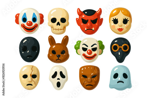 Collection of halloween masks with clown, skull, and devil designs