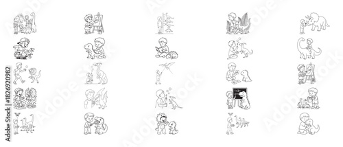 Children and dinosaurs in line art illustrations girl