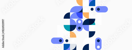 Abstract geometric shapes, blue hues dominate, simple design. Minimalist composition with rounded forms, modern aesthetic.