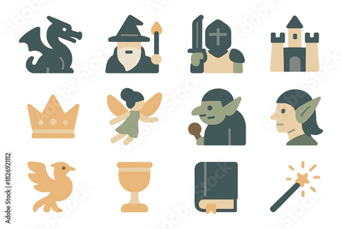 Medieval fantasy icons: wizards, dragons, castles, knights, and magical creatures