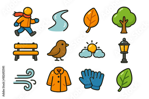 Colorful autumn icons: cozy walk, nature elements, and seasonal attire