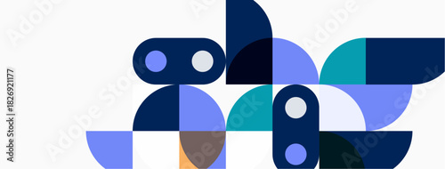 Abstract geometric shapes overlap, creating playful composition. Blues, teals, oranges dominate neutral background. Modern design.