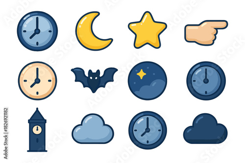 Cartoon clock and night sky icons in flat style