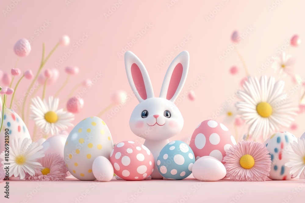 Fototapeta premium Lovely Easter illustration with baby bunny, colorful eggs and spring flowers on a pastel pink background